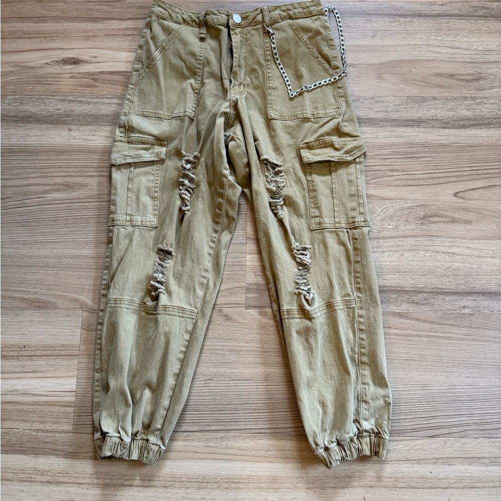 Kreamy Womens Size Large Highwaisted Distressed Cargo Joggers Pants Tan